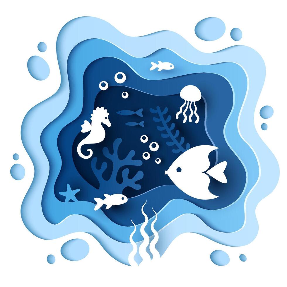 Paper cut style underwater sea cave. Coral reef with fish, seahorse, jellyfish and seaweeds vector