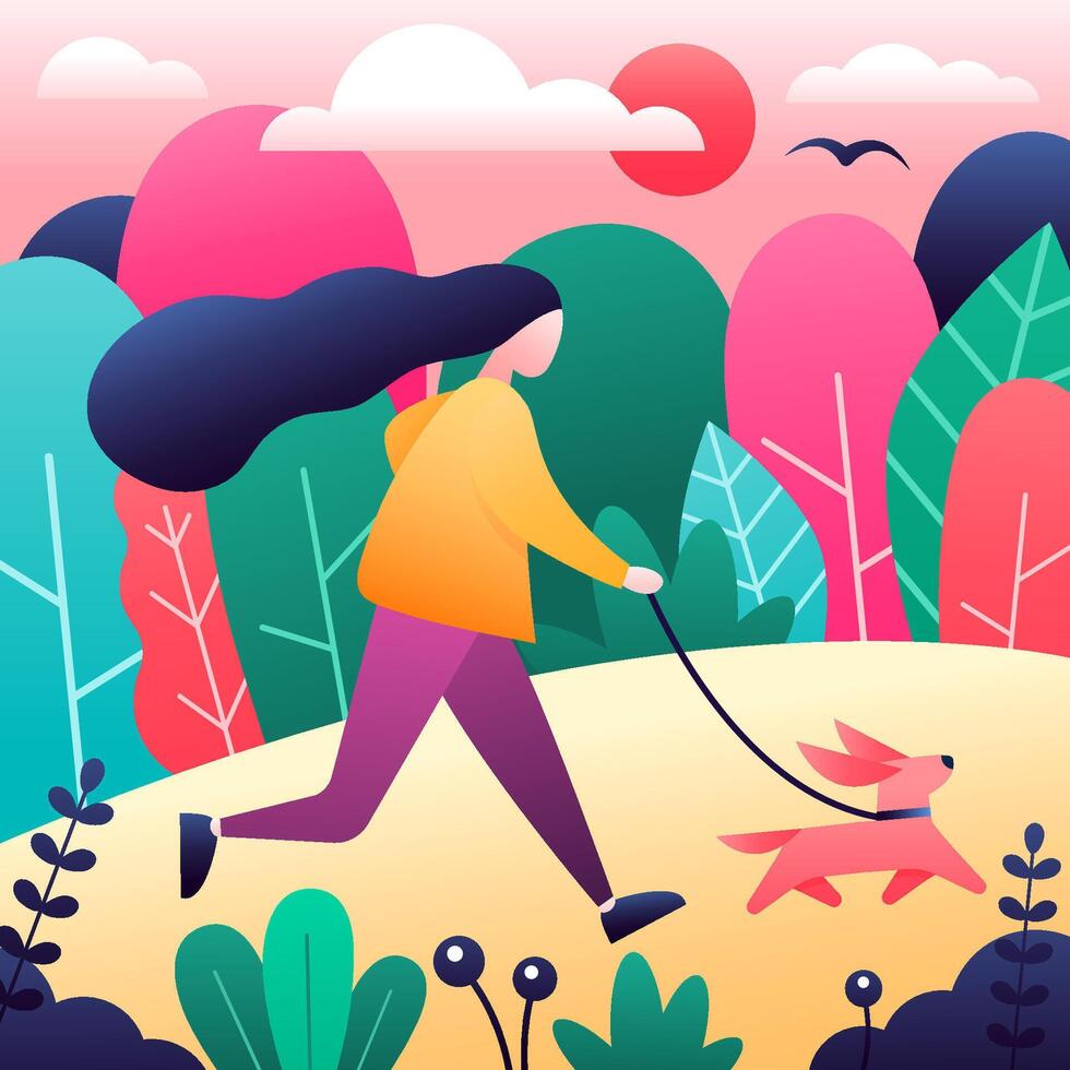 Girl with the dog in the park. Modern flat style design vector
