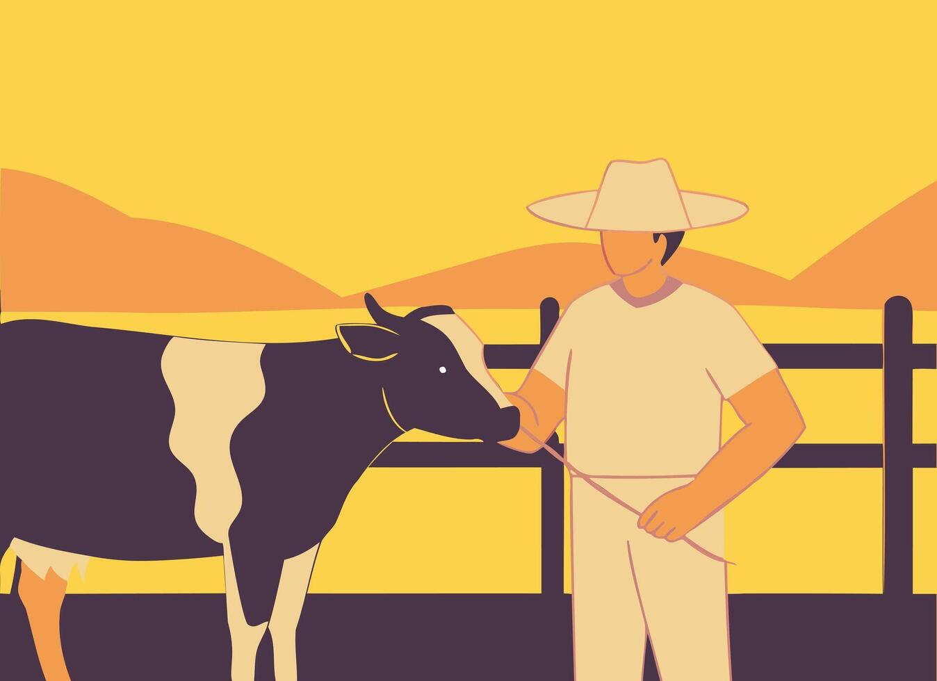 Minimalist Farmer and Cow Illustration Sunset Rural Scene vector