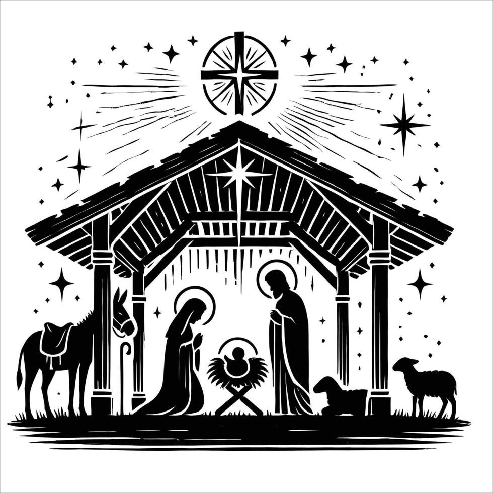 Christmas nativity scene with manger, sheep and star illustration vector