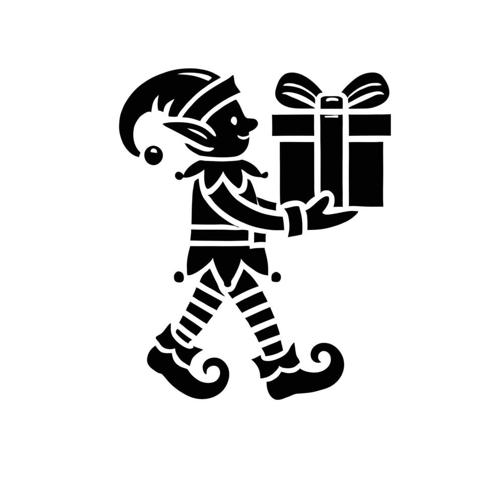 A black and white elf holding a gift box vector