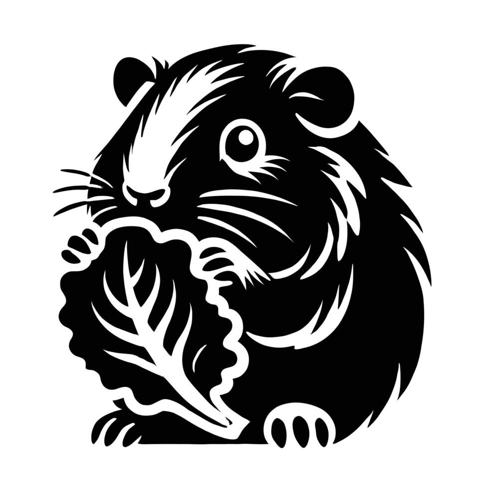 A black and white guinea pig holding a leaf vector