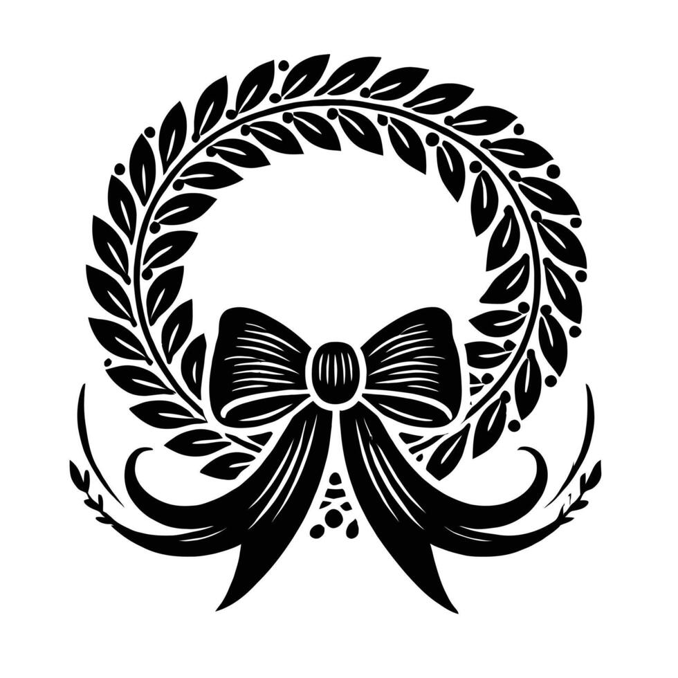 A black and white illustration of a wreath with a bow vector
