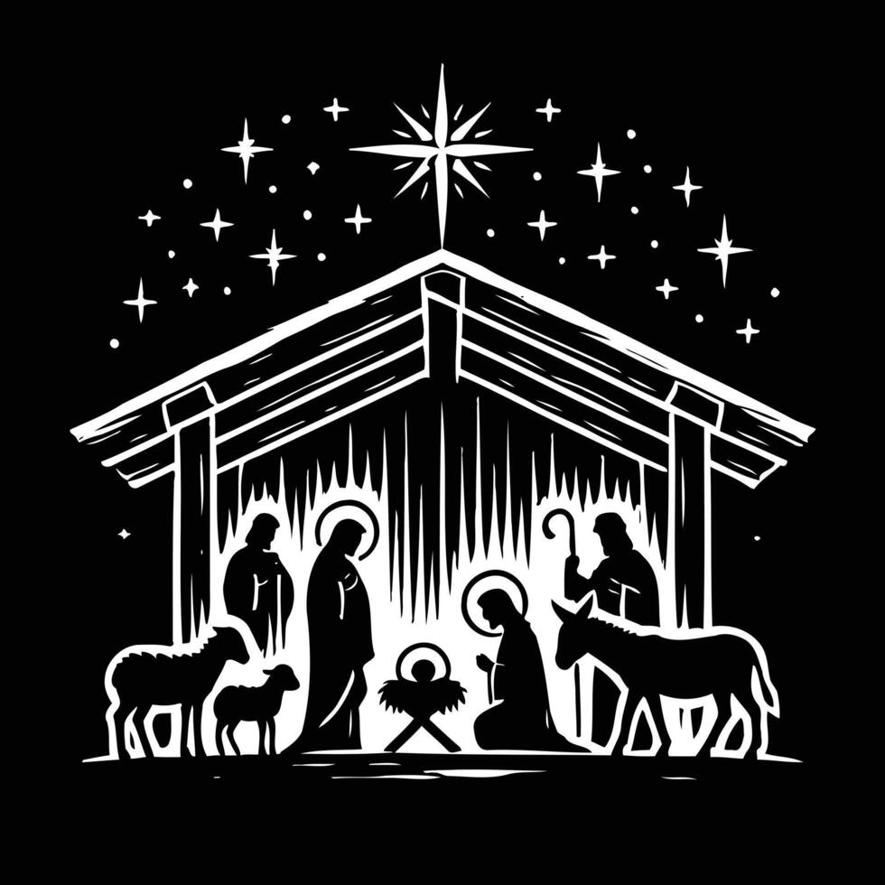 Christmas nativity scene with manger, sheep and star vector