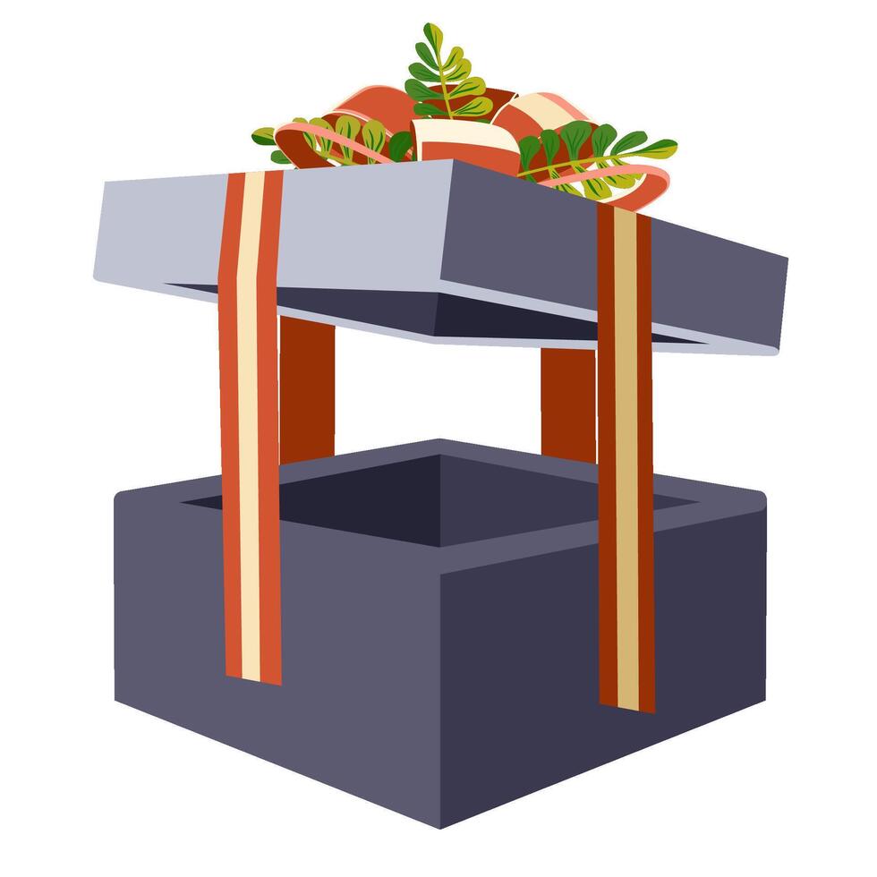 Gift box with lid, ribbon, decorative branches, and bow vector