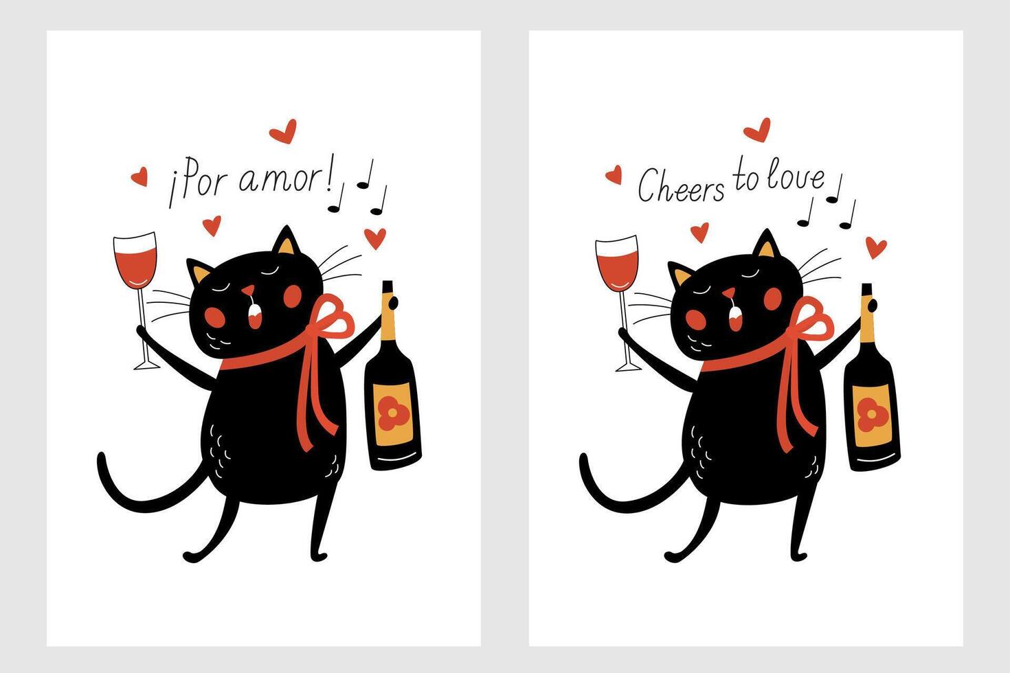 Card featuring a funny, joyful black cat holding a bottle of wine and a glass. Hand drawn lettering with the phrase Cheers to Love in both Spanish and English. Illustration minimalistic design vector
