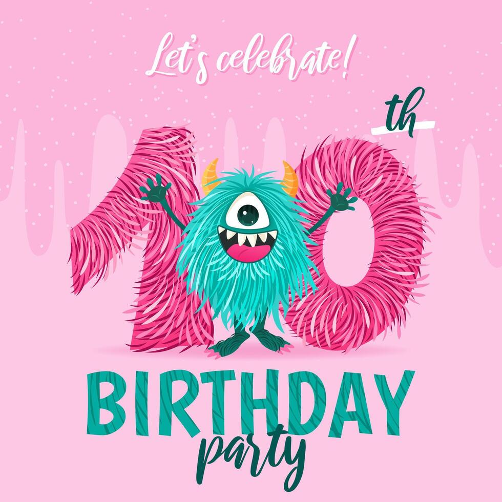 Birthday party invitation card with cartoon monster, hand drawn fluffy number ten, and slime. Celebrate a tenth birthday. Happy birthday and Halloween concepts. Postcard template. vector
