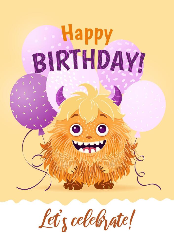 Happy Birthday greeting card with a cartoon fluffy monster and various balloons. A vertical festive postcard template for children. Birthday party concept, Halloween. vector