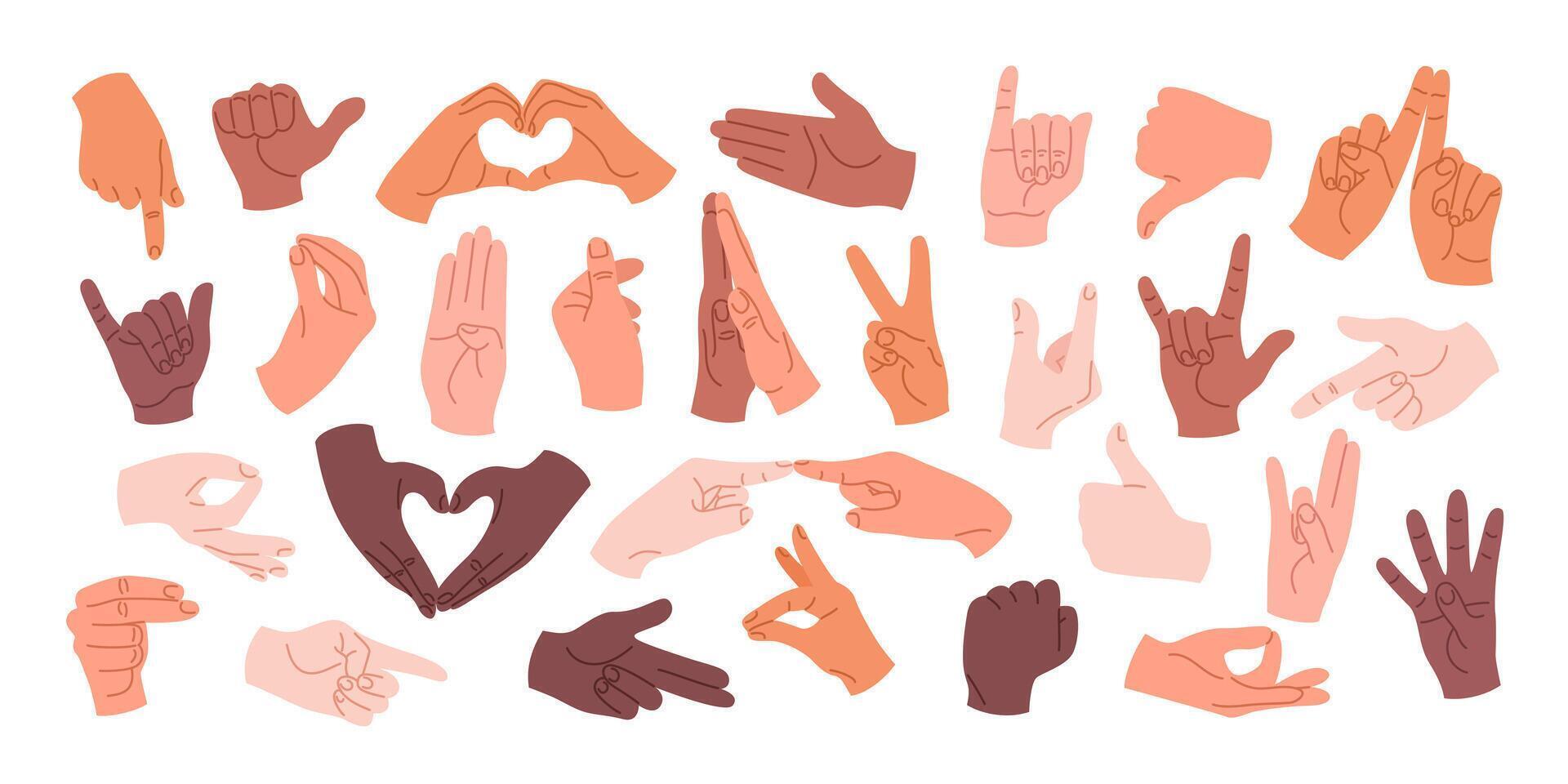 Set of human hands with different gestures and positions. Hands with different skin tones showing rock sign, high five, greeting and other signs. Isolated illustrations on a white background. vector