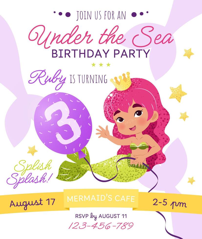 Mermaid birthday party invitation card. Vertical template with a mermaid princess and balloon with number 3 for a kids' party. Happy birthday and underwater concept. Celebrating a third anniversary. vector