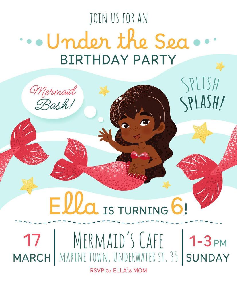 Mermaid birthday party invitation card. Vertical template with a mermaid princess and text for a kids' party. Happy birthday and underwater concept. Celebrating a sixth anniversary. vector