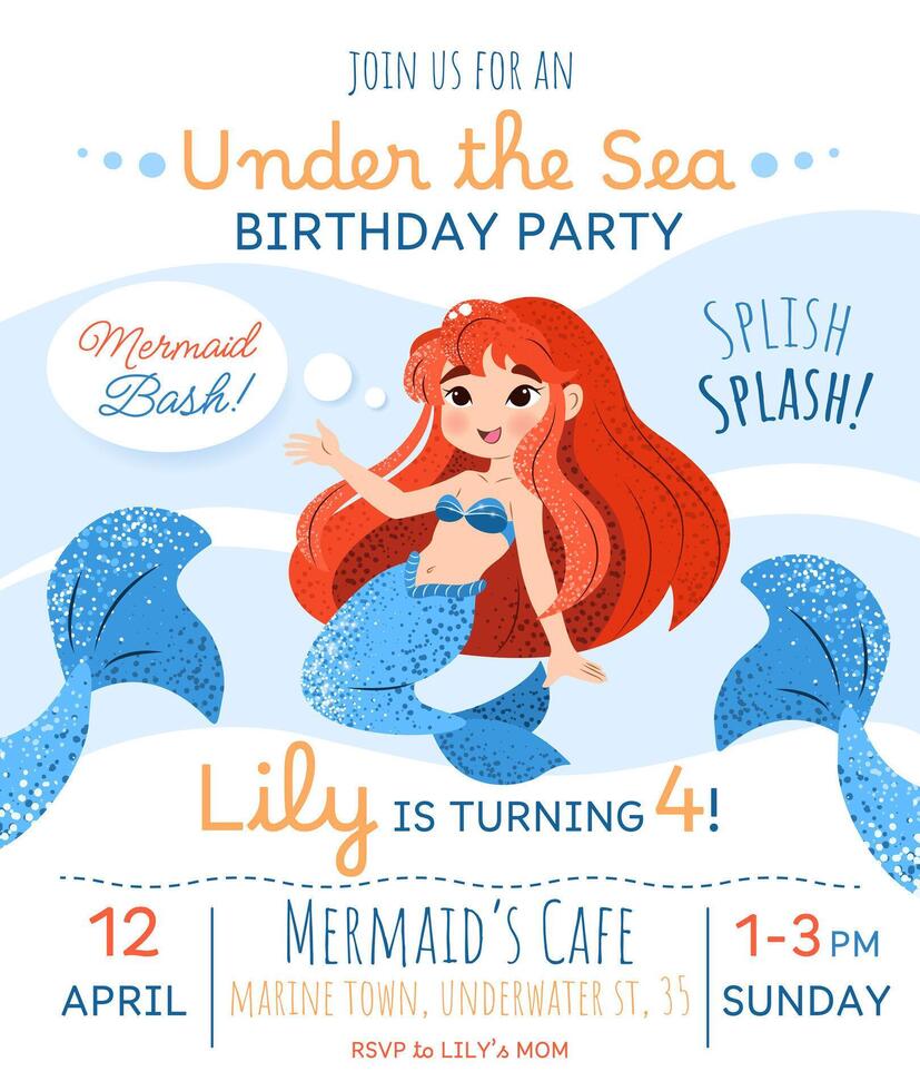 Mermaid birthday party invitation card. Vertical template with a mermaid princess and text for a kids' party. Happy birthday and underwater concept. Celebrating a fourth anniversary. vector