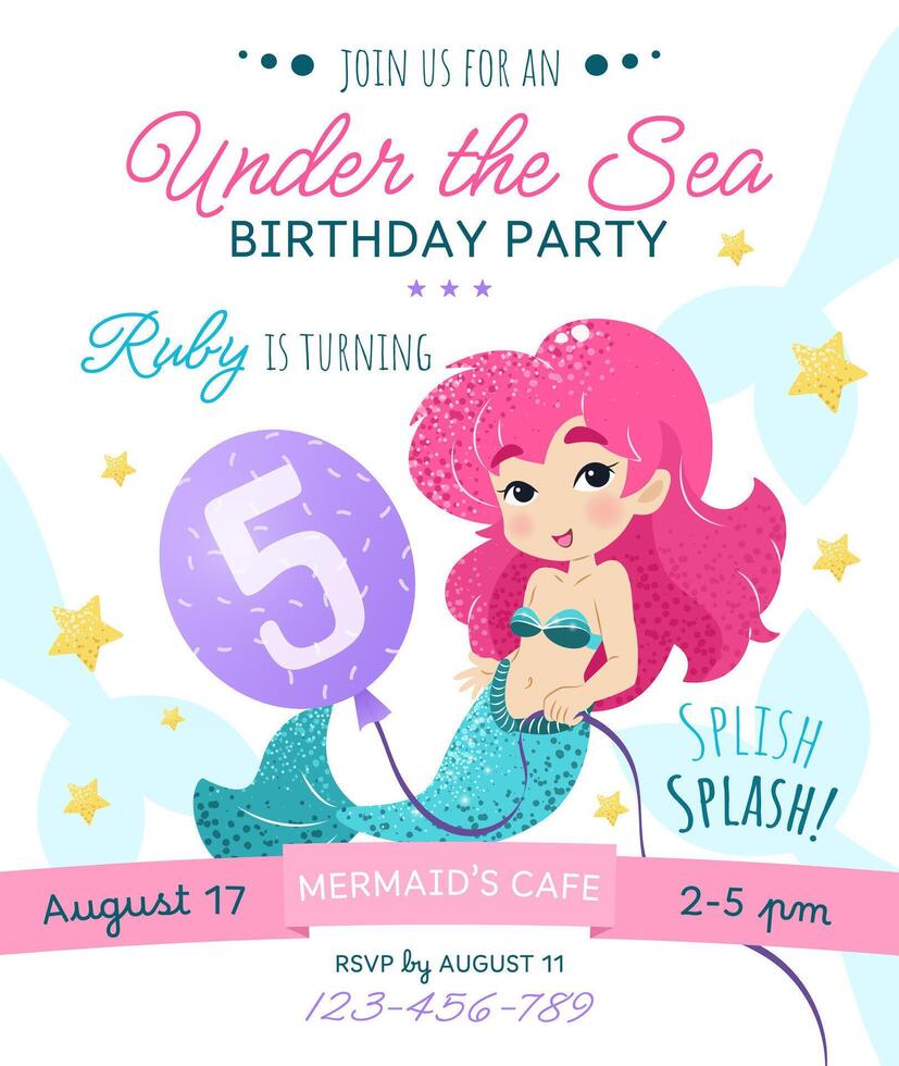 Mermaid birthday party invitation card. Vertical template with a mermaid princess and balloon with number 5 for a kids' party. Happy birthday and underwater concept. Celebrating a fifth anniversary. vector