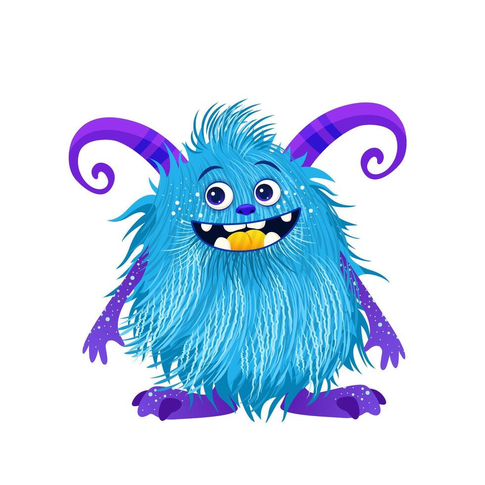 Cute cartoon fluffy monster with horns on a transparent background. Isolated funny animal for childish designs, greeting cards and invitations for Halloween and birthday parties. Clip art. vector