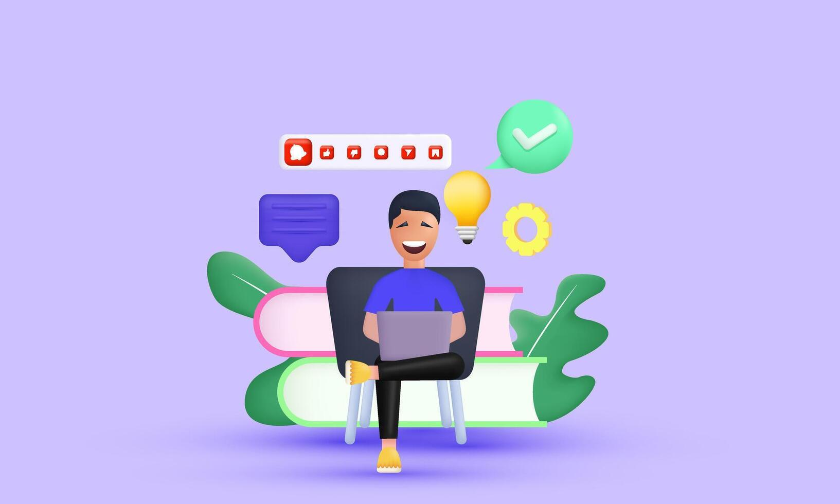 3d illustration young man sitting on new idea concept design vector