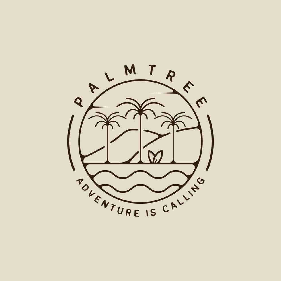 palm tree and surfing beach logo line art simple minimalist illustration template icon design. paradise island and coconut tree with circle badge typography vector