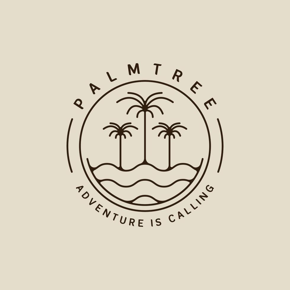 palm tree and ocean waves line art logo simple minimalist illustration template icon graphic design. coconut tree and sea wave sign or symbol for travel company with circle badge typography vector