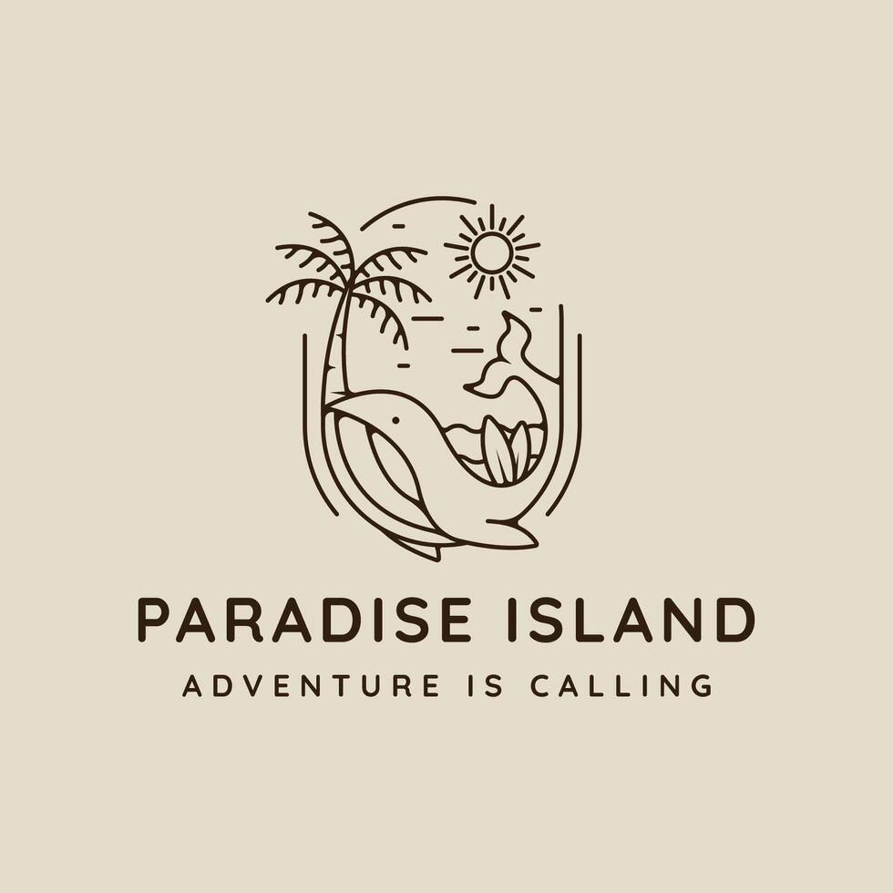 palm tree and whale logo line art simple minimalist illustration template icon design. paradise island and coconut tree with surfing beach sign or symbol and creative badge vector