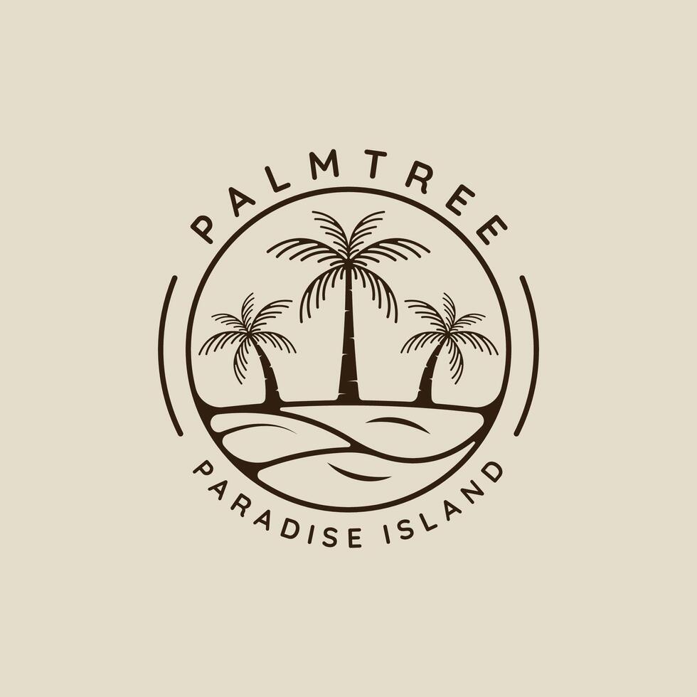 palm tree and ocean logo line art simple minimalist illustration template icon design. paradise island and coconut tree with beach sign or symbol and circle badge and typography vector