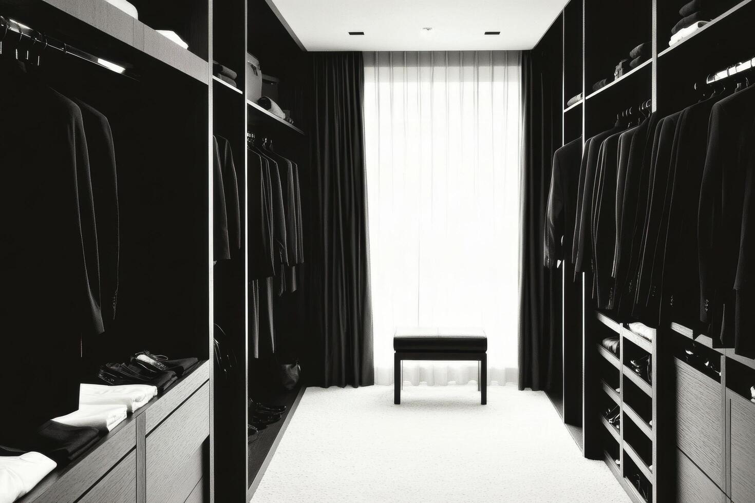 Modern walk in closet with black suits and a bench under soft lighting photo