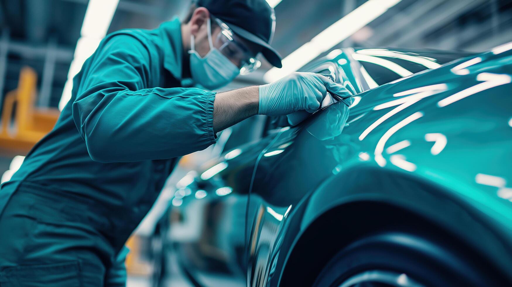 Skilled worker polishes shiny automobile surface in modern automotive workshop photo