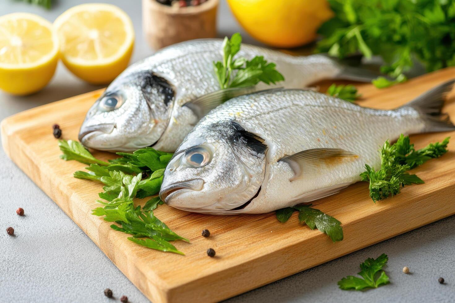 Fresh dorado fish with herbs and lemon on a wooden board for cooking inspiration photo