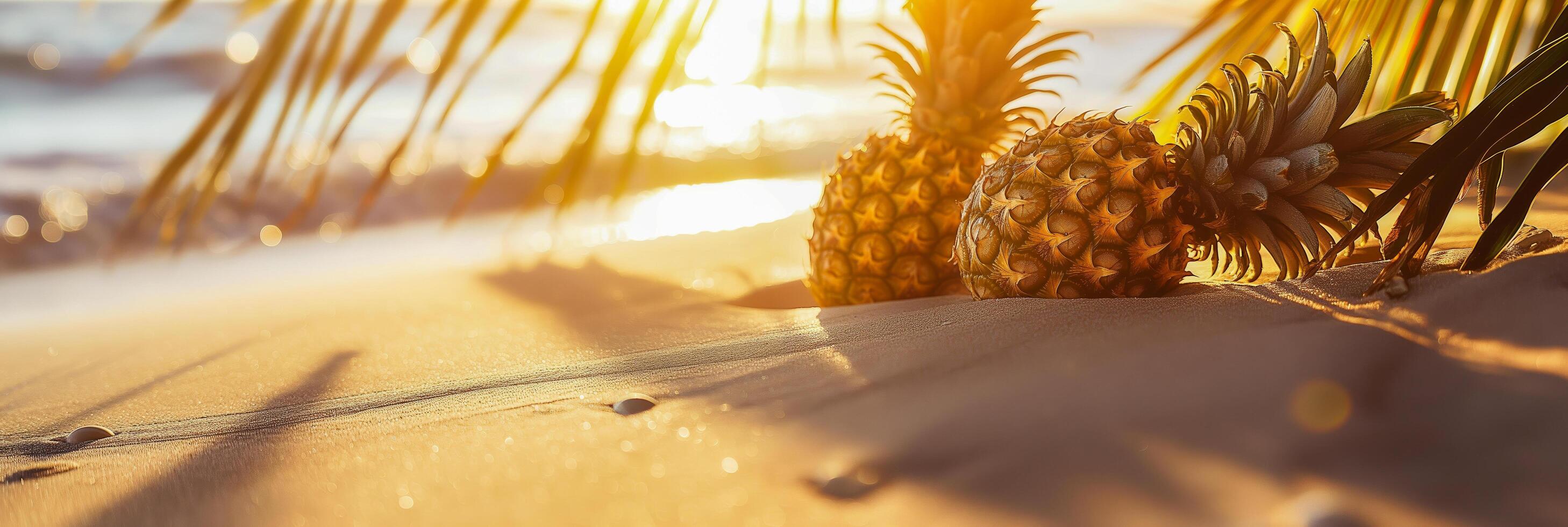 Tropical beach scene with pineapples under a sunset sky near the ocean photo