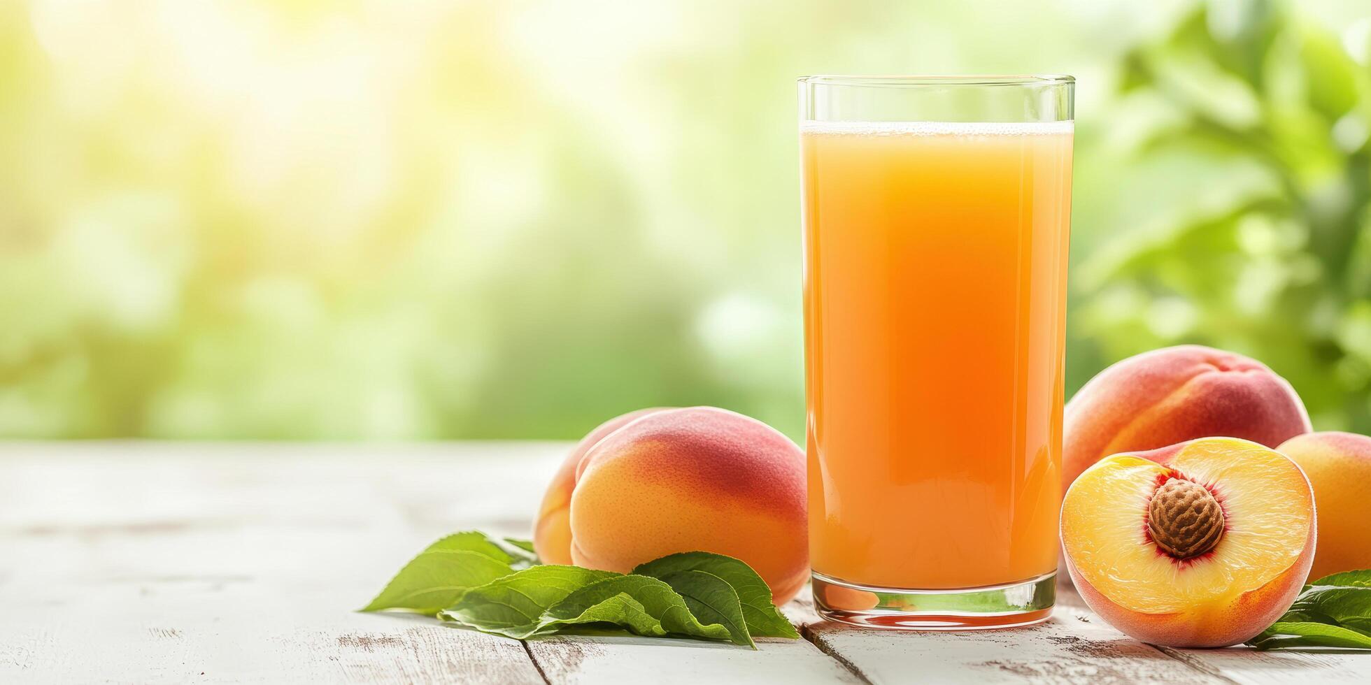 Fresh peach juice in a glass with whole and sliced peaches on a sunny wooden table photo