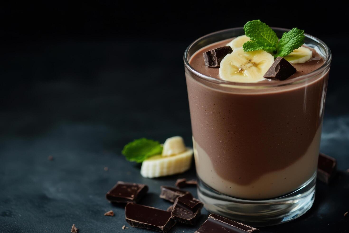 Chocolate banana smoothie with mint garnish in a glass on a dark background photo