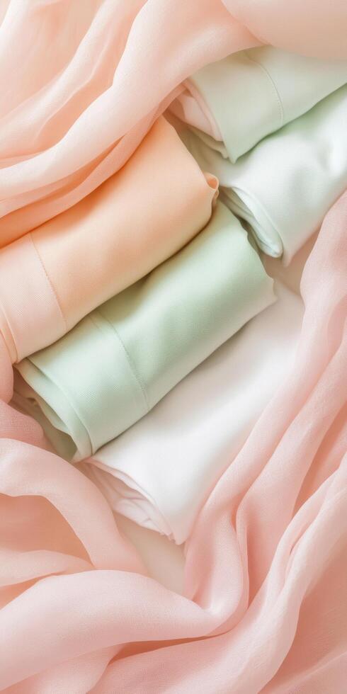 Soft pastel fabric rolls surrounded by flowing sheer chiffon for home decor and crafts photo