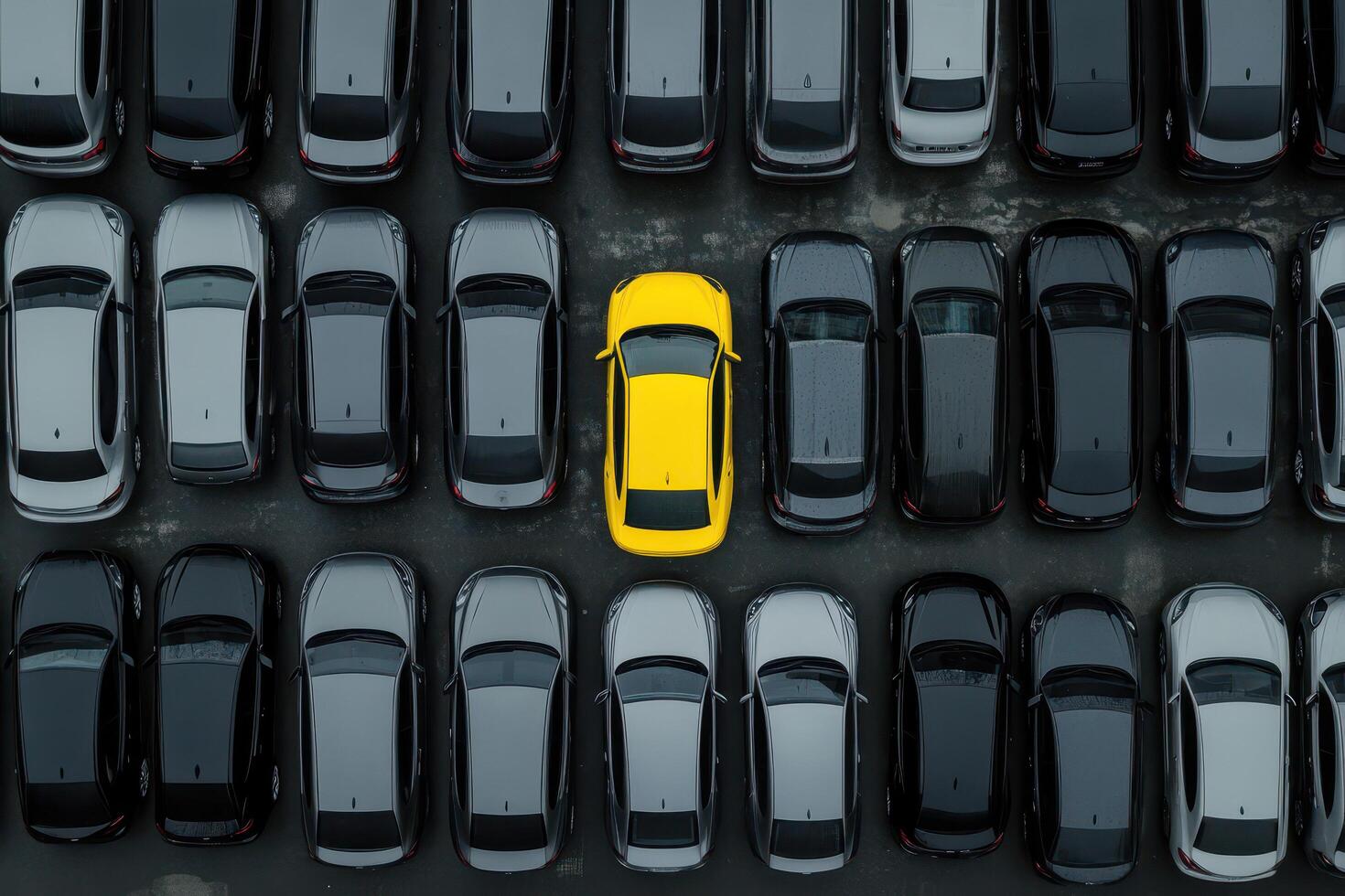 Yellow car standing out among rows of black cars in a parking lot photo