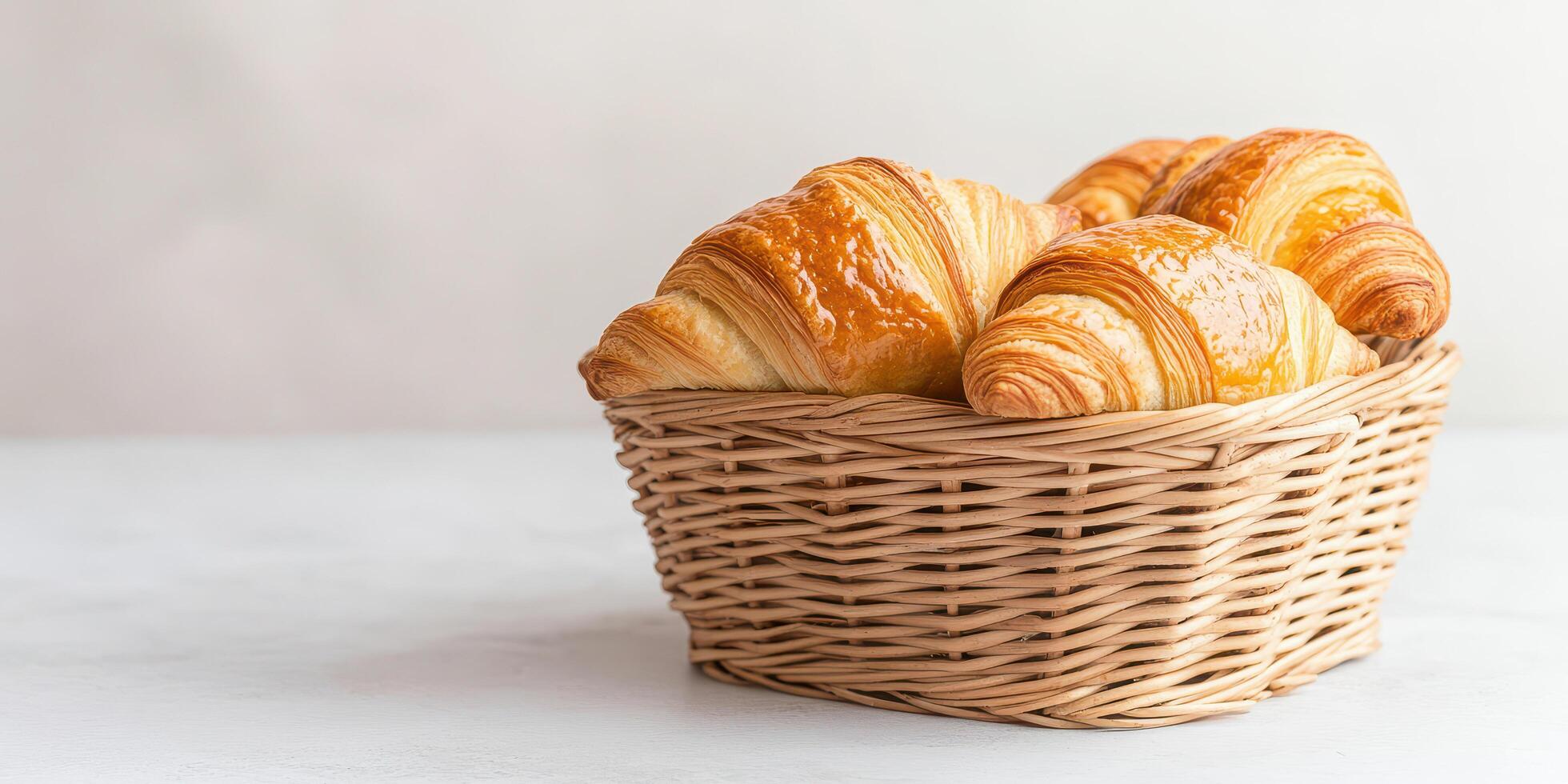 Freshly baked croissants in a wicker basket on a light background photo