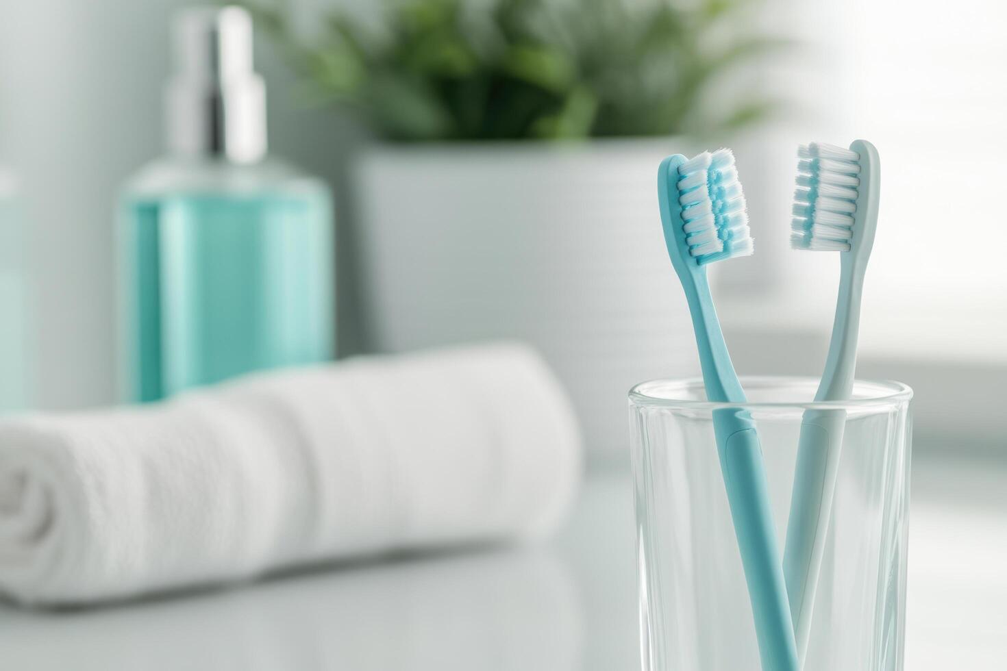 Toothbrushes in glass on bathroom counter with soft focus background and soothing colors photo