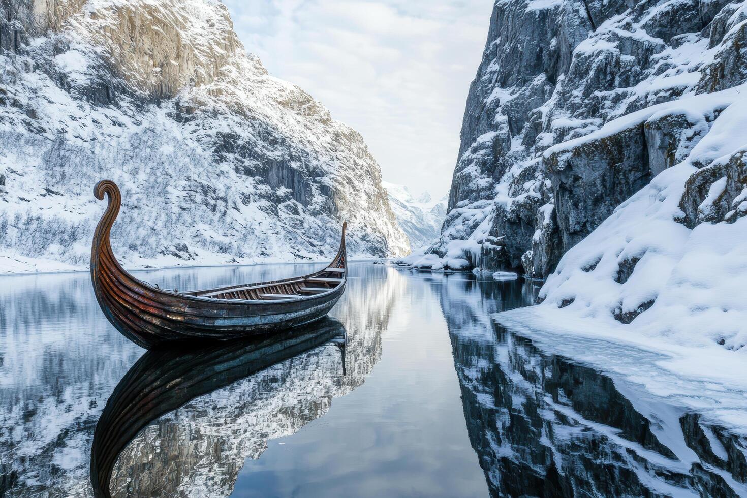 Winter tranquility a Viking boat navigating serene snow covered fjords photo