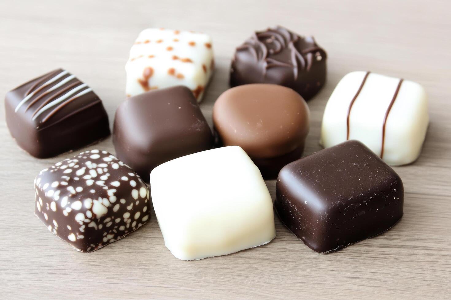 Delicious assortment of gourmet chocolates with various designs and textures photo