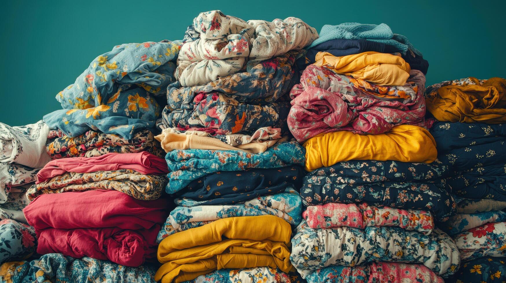Colorful stacks of folded floral fabrics against a teal background showcasing vibrant textile patterns photo