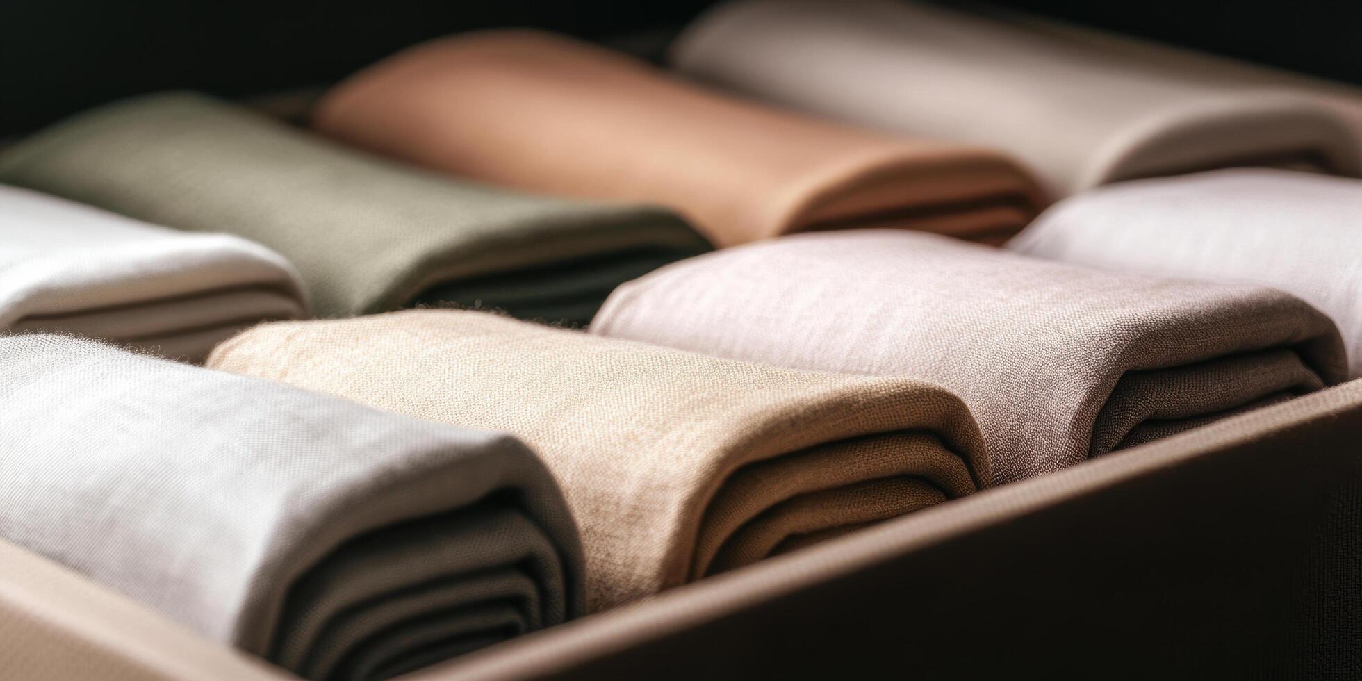 Folded fabric in warm earth tones arranged neatly in a drawer showcasing textile variety and home decor trends photo