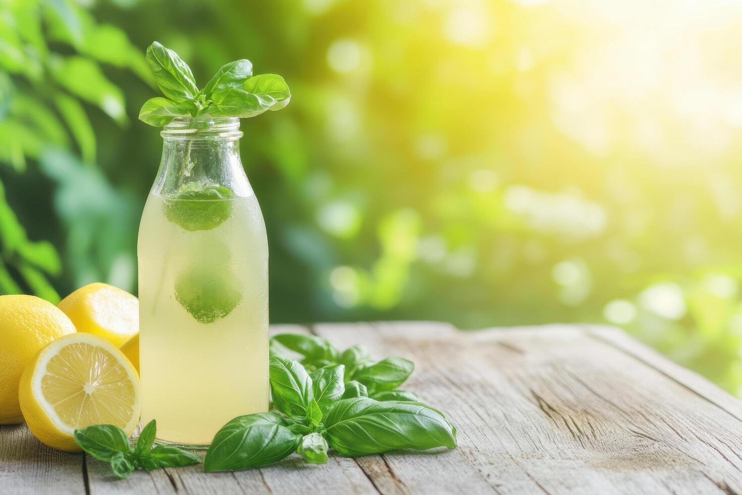 Refreshing lemonade with basil and lemons on a sunny wooden table photo