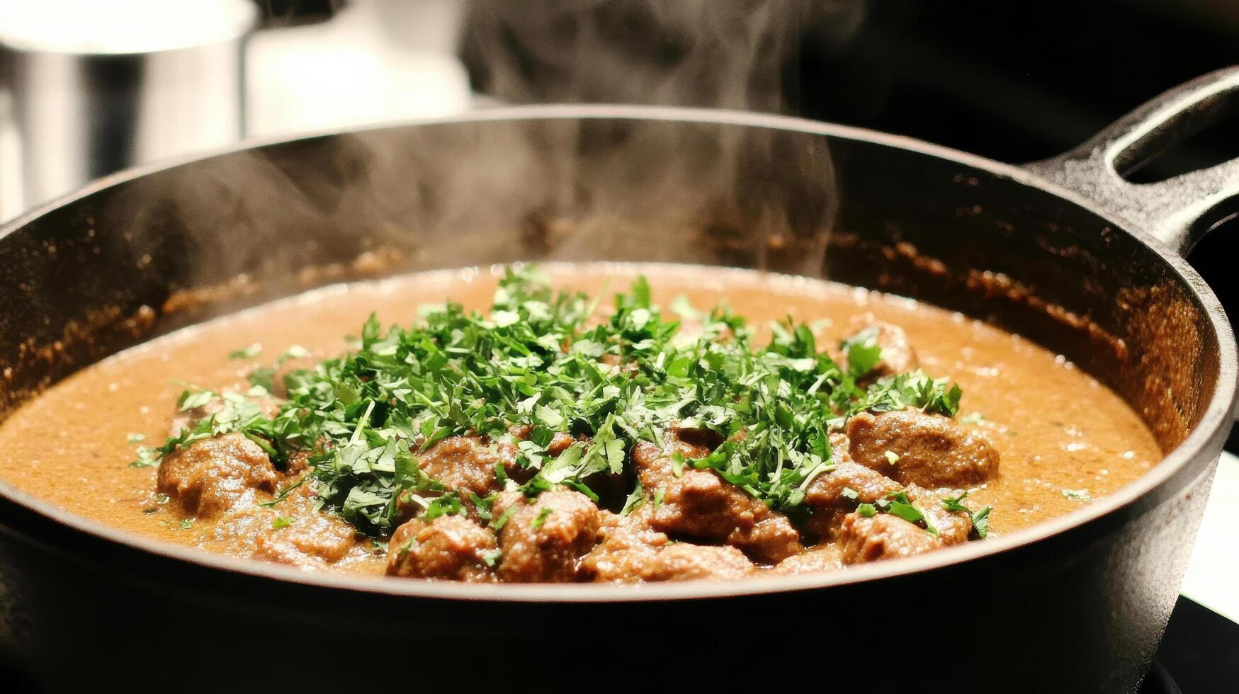 Savory beef stew simmering in cast iron skillet with fresh herbs garnish photo