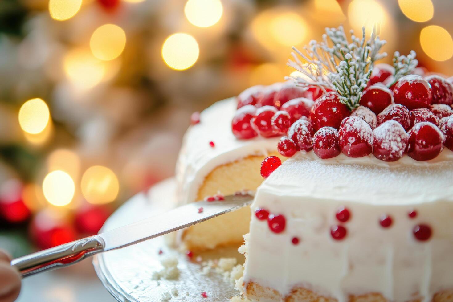 Festive holiday cake with red berries and cream icing on a table with warm lighting photo
