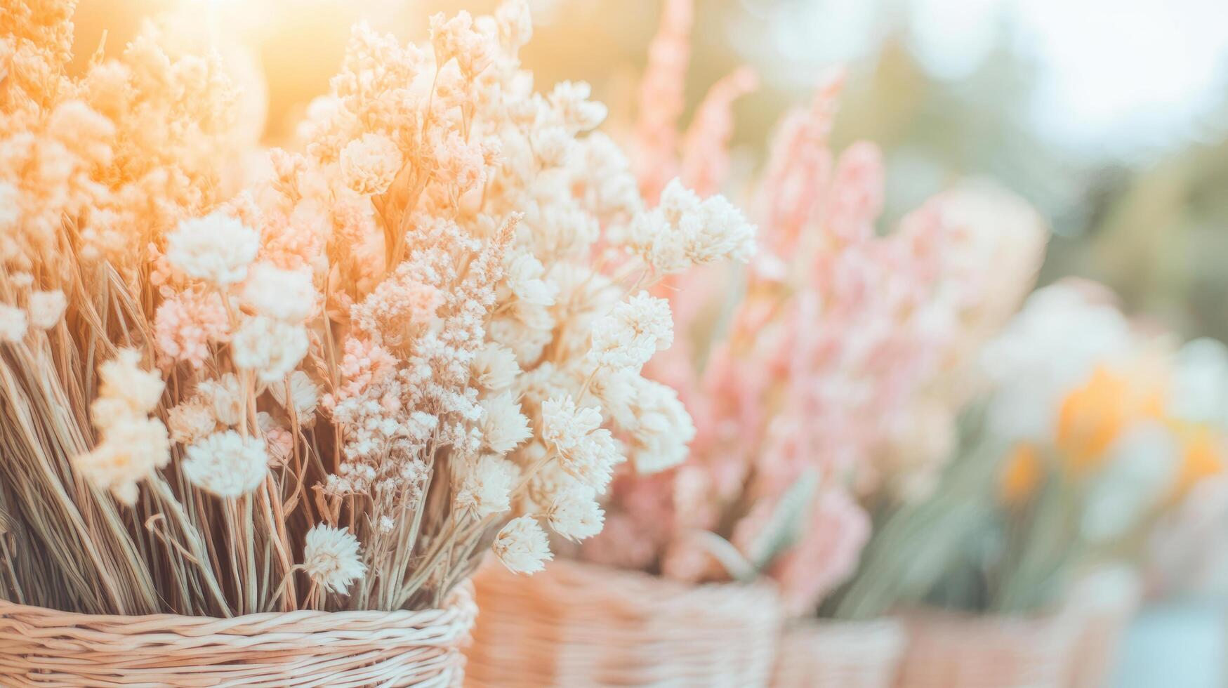 Soft golden light illuminates dried floral arrangements in rustic wicker baskets photo