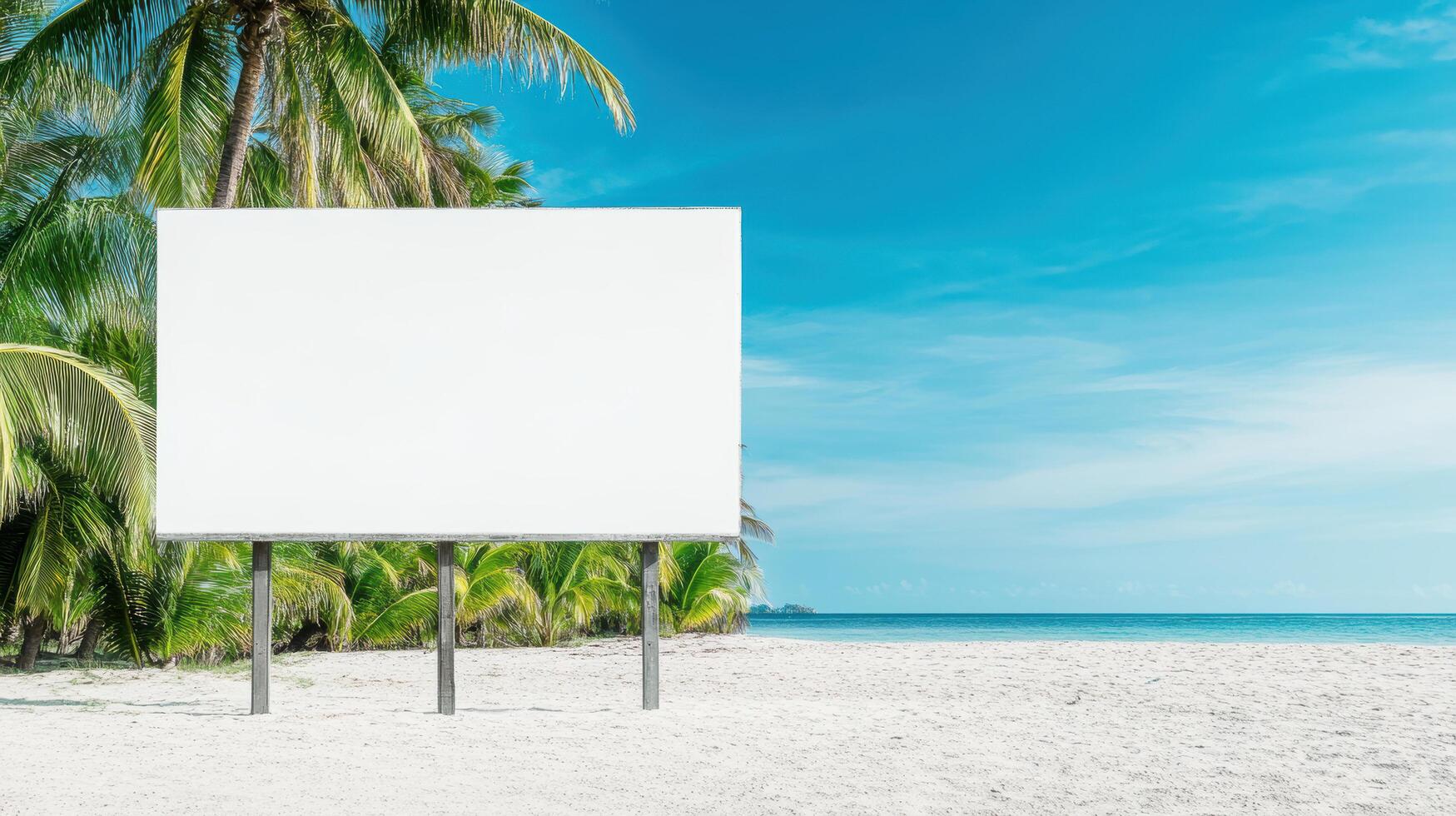 Blank billboard on tropical beach with palm trees and blue sky backdrop photo