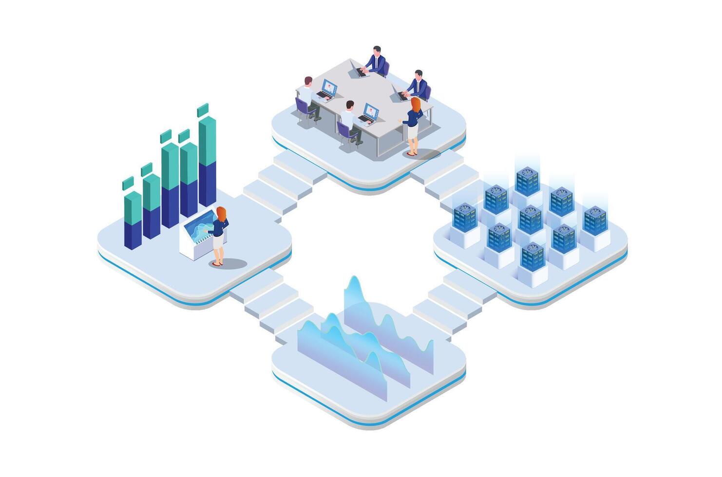 isometric office concept with characters. Freelancer concept, coworking people, ceo business workspace for creative businesswoman. Standing employee space for businessmen. Flat Isometric illustration. vector