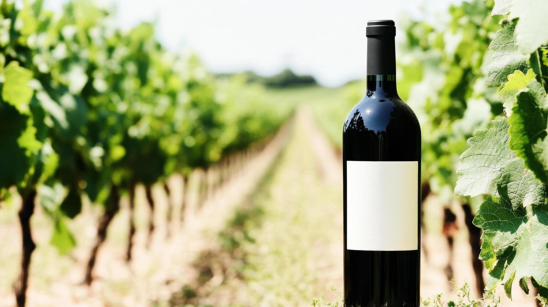 Wine bottle in vineyard surrounded by green grapevines under the sun photo