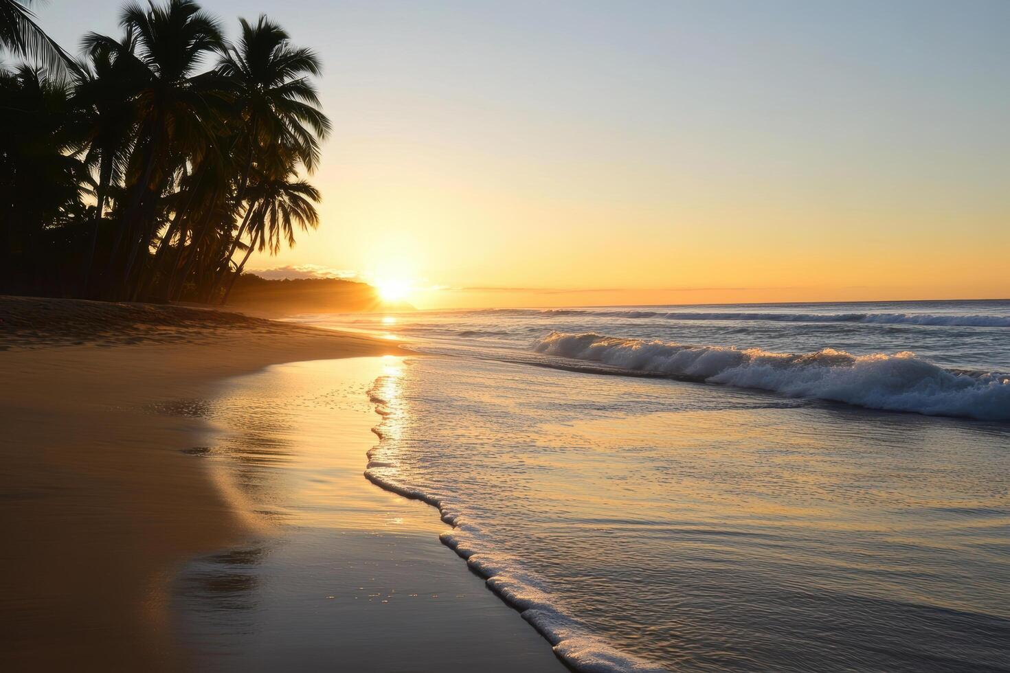 Tranquil sunrise over tropical beach with palm trees and gentle waves photo