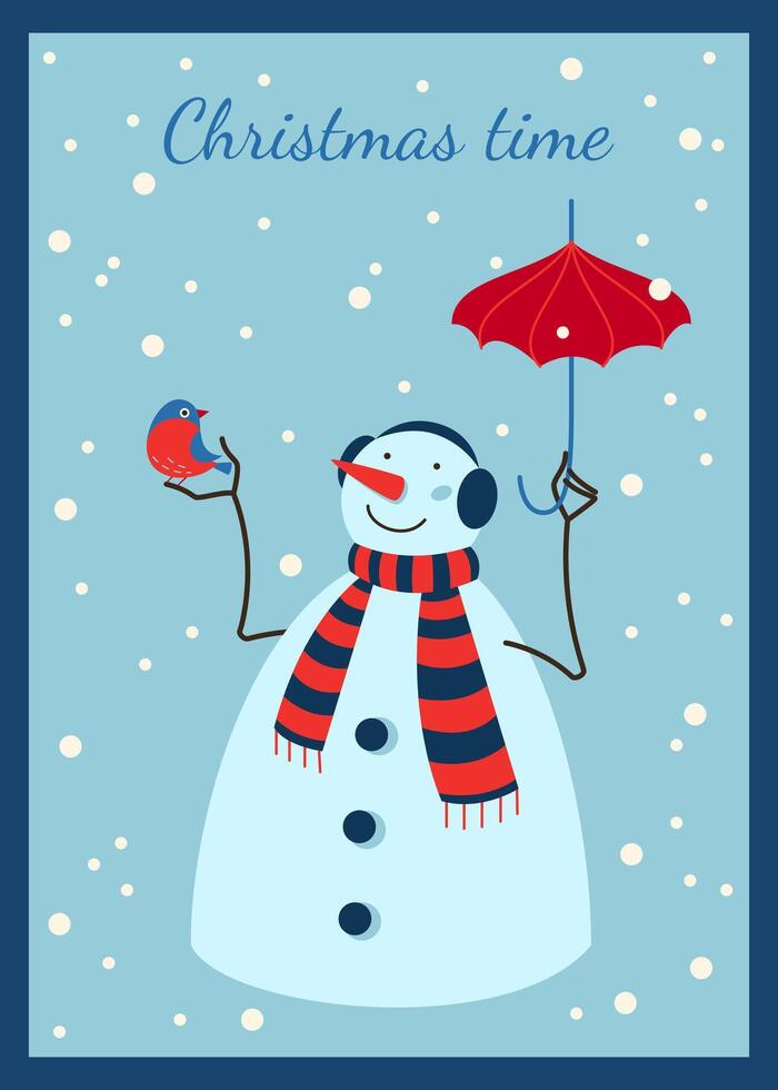 Christmas card with funny snowman with umbrella and bird. Illustration for seasonal winter holidays, greeting card, poster, invitation, congratulations. vector