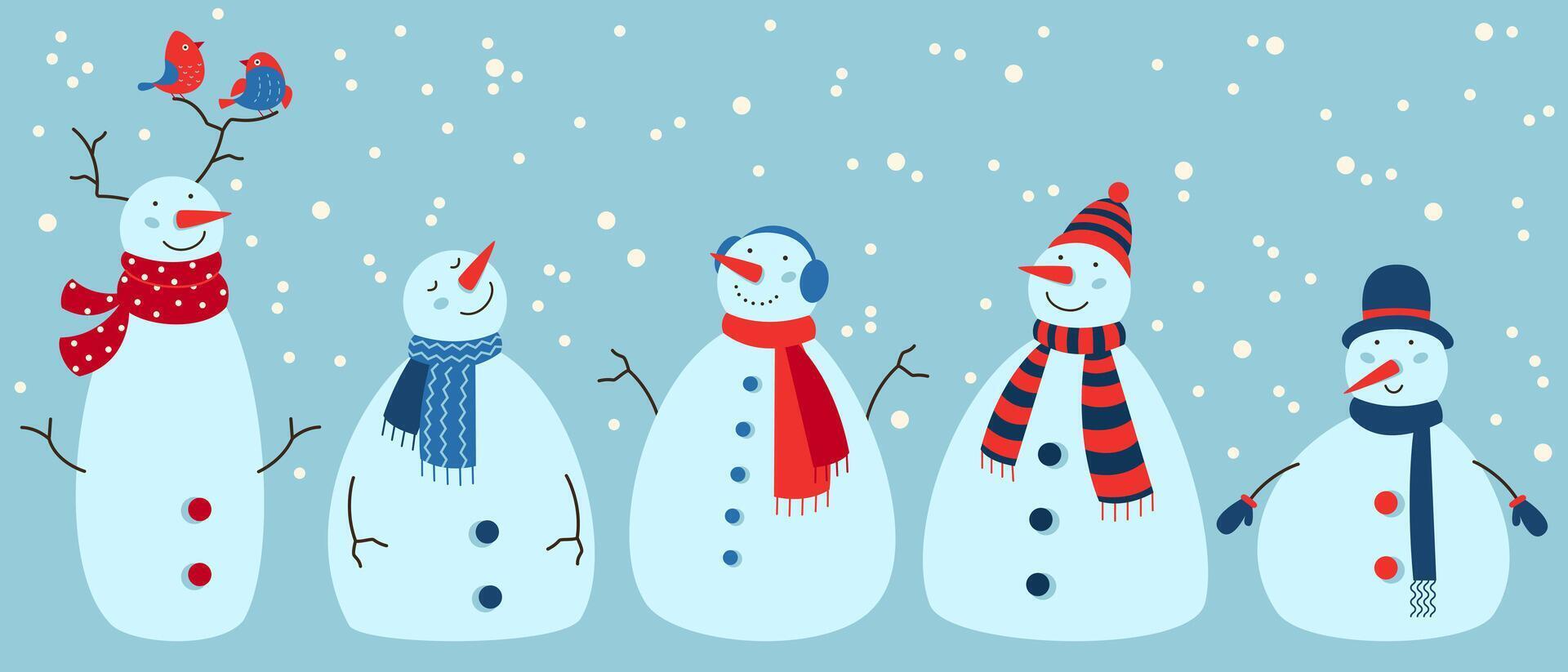 Holiday banner with five cute snowmen. Iillustration for seasonal winter holidays Christmas and New Year. vector