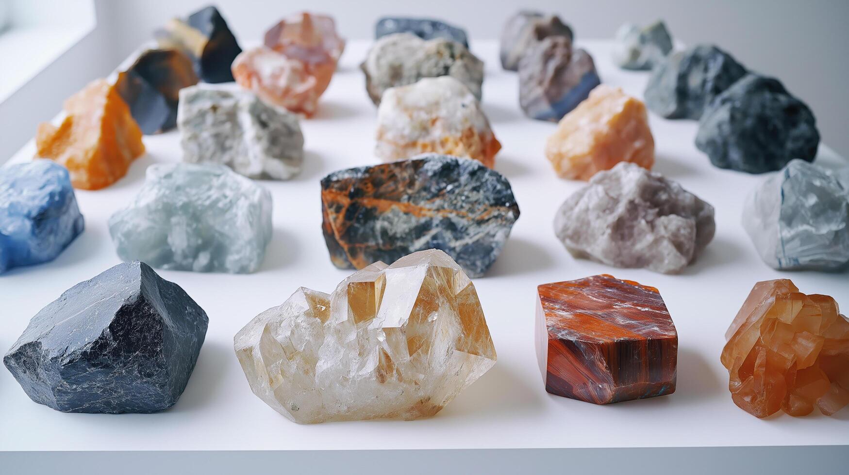 Stunning collection of natural gemstones displayed on a white surface photo