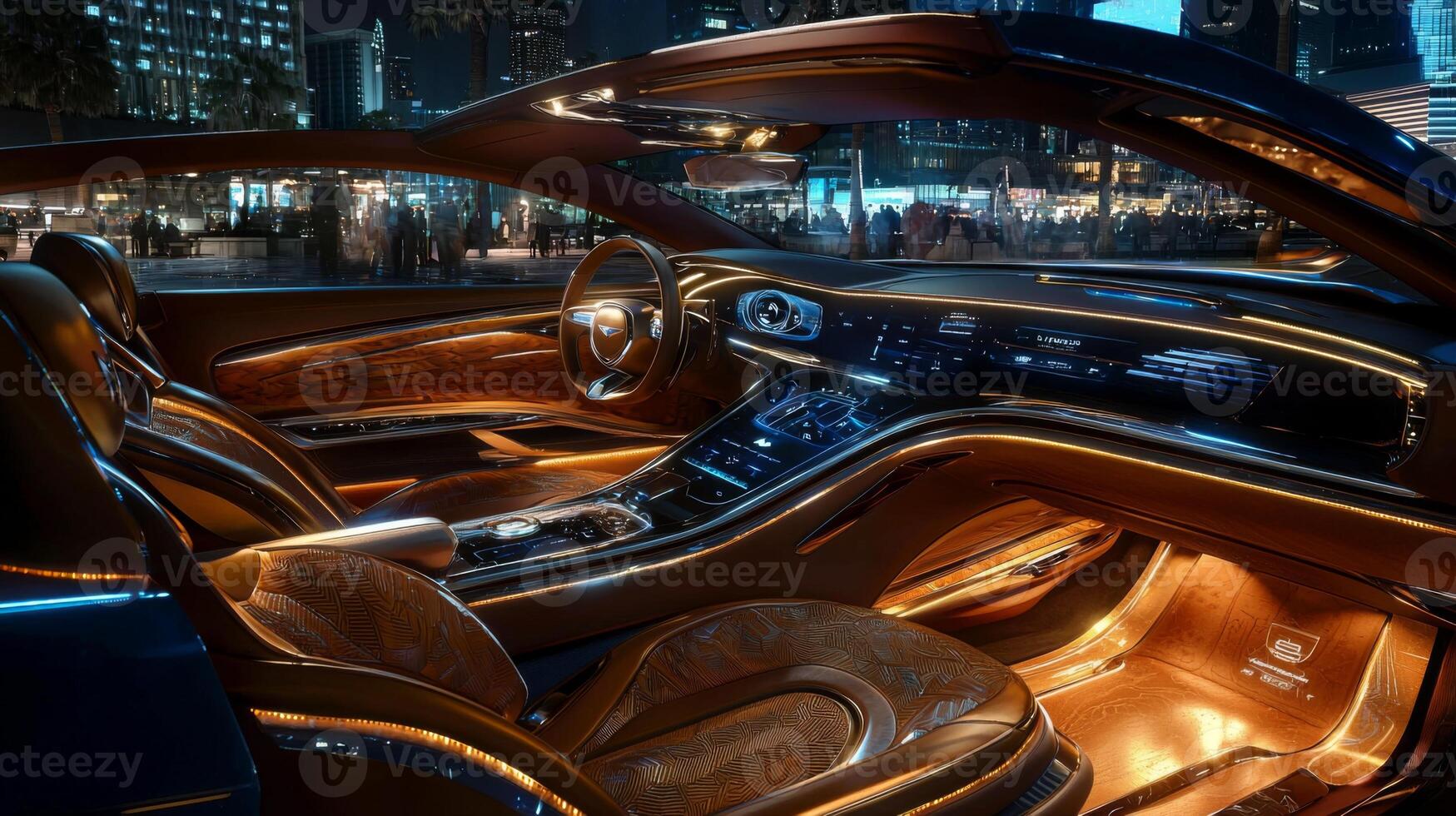 Interior of a current modern luxury car at night in city photo