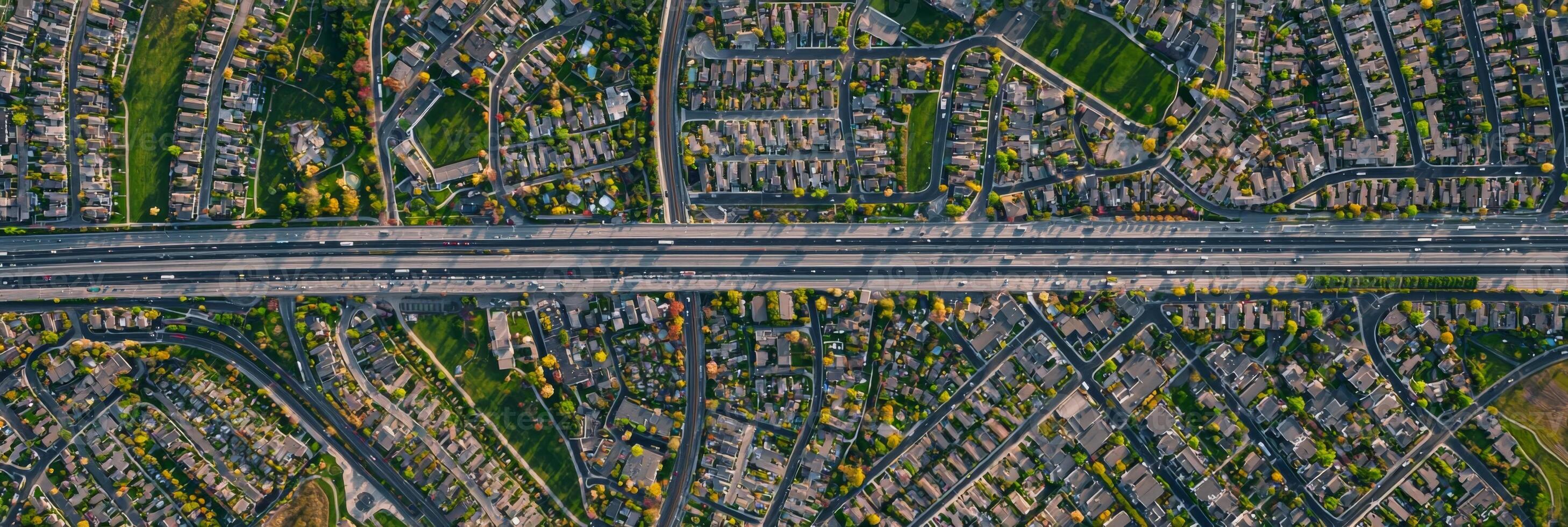 Urban Sprawl with Roads and Highways. A top-down drone view of a sprawling city, residential blocks photo